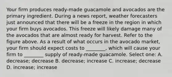 Your firm produces ready-made guacamole and avocados are the primary ingredient. During a news report, weather forecasters just announced that there will be a freeze in the region in which your firm buys avocados. This freeze will likely damage many of the avocados that are almost ready for harvest. Refer to the figure above. As a result of what occurs in the avocado market, your firm should expect costs to ________, which will cause your firm to ________ supply of ready-made guacamole. Select one: A. decrease; decrease B. decrease; increase C. increase; decrease D. increase; increase