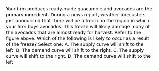 Your firm produces ready-made guacamole and avocados are the primary ingredient. During a news report, weather forecasters just announced that there will be a freeze in the region in which your firm buys avocados. This freeze will likely damage many of the avocados that are almost ready for harvest. Refer to the figure above. Which of the following is likely to occur as a result of the freeze? Select one: A. The supply curve will shift to the left. B. The demand curve will shift to the right. C. The supply curve will shift to the right. D. The demand curve will shift to the left.