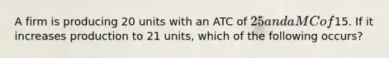 A firm is producing 20 units with an ATC of 25 and a MC of15. If it increases production to 21 units, which of the following occurs?