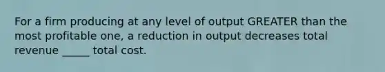 For a firm producing at any level of output GREATER than the most profitable one, a reduction in output decreases total revenue _____ total cost.