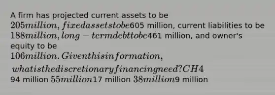 A firm has projected current assets to be 205 million, fixed assets to be605 million, current liabilities to be 188 million, long-term debt to be461 million, and owner's equity to be 106 million. Given this information, what is the discretionary financing need? CH 494 million 55 million17 million 38 million9 million