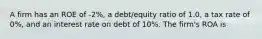 A firm has an ROE of -2%, a debt/equity ratio of 1.0, a tax rate of 0%, and an interest rate on debt of 10%. The firm's ROA is