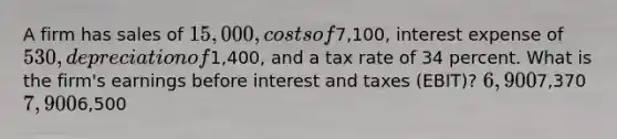 A firm has sales of 15,000, costs of7,100, interest expense of 530, depreciation of1,400, and a tax rate of 34 percent. What is the firm's earnings before interest and taxes (EBIT)? 6,9007,370 7,9006,500