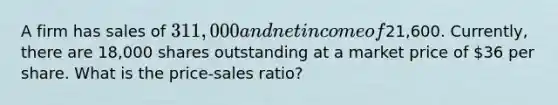 A firm has sales of 311,000 and net income of21,600. Currently, there are 18,000 shares outstanding at a market price of 36 per share. What is the price-sales ratio?