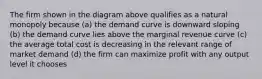 The firm shown in the diagram above qualifies as a natural monopoly because (a) the demand curve is downward sloping (b) the demand curve lies above the marginal revenue curve (c) the average total cost is decreasing in the relevant range of market demand (d) the firm can maximize profit with any output level it chooses