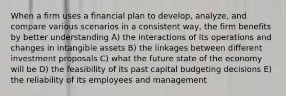 When a firm uses a financial plan to develop, analyze, and compare various scenarios in a consistent way, the firm benefits by better understanding A) the interactions of its operations and changes in intangible assets B) the linkages between different investment proposals C) what the future state of the economy will be D) the feasibility of its past capital budgeting decisions E) the reliability of its employees and management