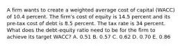 A firm wants to create a weighted average cost of capital (WACC) of 10.4 percent. The firm's cost of equity is 14.5 percent and its pre-tax cost of debt is 8.5 percent. The tax rate is 34 percent. What does the debt-equity ratio need to be for the firm to achieve its target WACC? A. 0.51 B. 0.57 C. 0.62 D. 0.70 E. 0.86