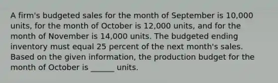 A firm's budgeted sales for the month of September is 10,000 units, for the month of October is 12,000 units, and for the month of November is 14,000 units. The budgeted ending inventory must equal 25 percent of the next month's sales. Based on the given information, the production budget for the month of October is ______ units.