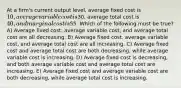 At a firm's current output level, average fixed cost is 10, average variable cost is30, average total cost is 40, and marginal cost is55. Which of the following must be true? A) Average fixed cost, average variable cost, and average total cost are all decreasing. B) Average fixed cost, average variable cost, and average total cost are all increasing. C) Average fixed cost and average total cost are both decreasing, while average variable cost is increasing. D) Average fixed cost is decreasing, and both average variable cost and average total cost are increasing. E) Average fixed cost and average variable cost are both decreasing, while average total cost is increasing.