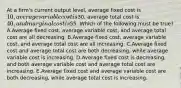 At a firm's current output level, average fixed cost is 10, average variable cost is30, average total cost is 40, and marginal cost is55. Which of the following must be true? A.Average fixed cost, average variable cost, and average total cost are all decreasing. B.Average fixed cost, average variable cost, and average total cost are all increasing. C.Average fixed cost and average total cost are both decreasing, while average variable cost is increasing. D.Average fixed cost is decreasing, and both average variable cost and average total cost are increasing. E.Average fixed cost and average variable cost are both decreasing, while average total cost is increasing.