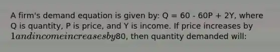 A firm's demand equation is given by: Q = 60 - 60P + 2Y, where Q is quantity, P is price, and Y is income. If price increases by 1 and income increases by80, then quantity demanded will: