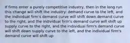 If firms enter a purely competitive industry, then in the long run this change will shift the industry: demand curve to the left, and the individual firm's demand curve will shift down demand curve to the right, and the individual firm's demand curve will shift up supply curve to the right, and the individual firm's demand curve will shift down supply curve to the left, and the individual firm's demand curve will shift up