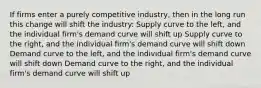 If firms enter a purely competitive industry, then in the long run this change will shift the industry: Supply curve to the left, and the individual firm's demand curve will shift up Supply curve to the right, and the individual firm's demand curve will shift down Demand curve to the left, and the individual firm's demand curve will shift down Demand curve to the right, and the individual firm's demand curve will shift up