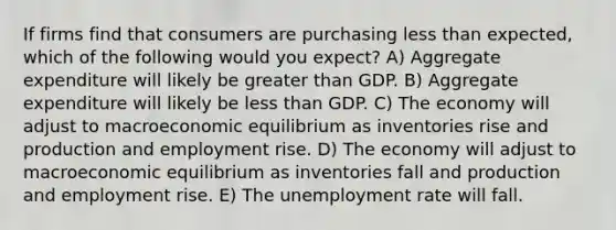 If firms find that consumers are purchasing less than expected, which of the following would you expect? A) Aggregate expenditure will likely be greater than GDP. B) Aggregate expenditure will likely be less than GDP. C) The economy will adjust to macroeconomic equilibrium as inventories rise and production and employment rise. D) The economy will adjust to macroeconomic equilibrium as inventories fall and production and employment rise. E) The unemployment rate will fall.