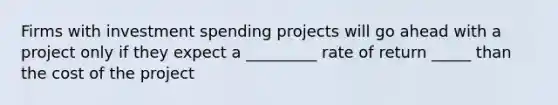 Firms with investment spending projects will go ahead with a project only if they expect a _________ rate of return _____ than the cost of the project