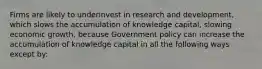 Firms are likely to underinvest in research and​ development, which slows the accumulation of knowledge​ capital, slowing economic​ growth, because Government policy can increase the accumulation of knowledge capital in all the following ways except​ by: