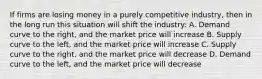 If firms are losing money in a purely competitive industry, then in the long run this situation will shift the industry: A. Demand curve to the right, and the market price will increase B. Supply curve to the left, and the market price will increase C. Supply curve to the right, and the market price will decrease D. Demand curve to the left, and the market price will decrease