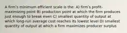 A firmʹs minimum efficient scale is the: A) firmʹs profit-maximizing point B) production point at which the firm produces just enough to break even C) smallest quantity of output at which long-run average cost reaches its lowest level D) smallest quantity of output at which a firm maximizes producer surplus