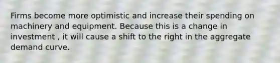 Firms become more optimistic and increase their spending on machinery and equipment. Because this is a change in investment ​, it will cause a shift to the right in the aggregate demand curve.