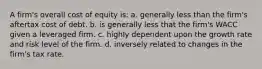 A firm's overall cost of equity is: a. generally less than the firm's aftertax cost of debt. b. is generally less that the firm's WACC given a leveraged firm. c. highly dependent upon the growth rate and risk level of the firm. d. inversely related to changes in the firm's tax rate.