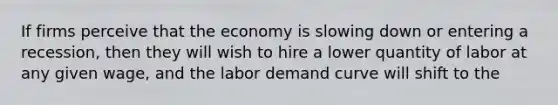 If firms perceive that the economy is slowing down or entering a recession, then they will wish to hire a lower quantity of labor at any given wage, and the labor demand curve will shift to the