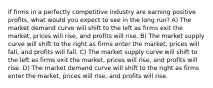 If firms in a perfectly competitive industry are earning positive profits, what would you expect to see in the long run? A) The market demand curve will shift to the left as firms exit the market, prices will rise, and profits will rise. B) The market supply curve will shift to the right as firms enter the market, prices will fall, and profits will fall. C) The market supply curve will shift to the left as firms exit the market, prices will rise, and profits will rise. D) The market demand curve will shift to the right as firms enter the market, prices will rise, and profits will rise.