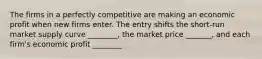 The firms in a perfectly competitive are making an economic profit when new firms enter. The entry shifts the short-run market supply curve ________, the market price _______, and each firm's economic profit ________