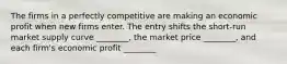 The firms in a perfectly competitive are making an economic profit when new firms enter. The entry shifts the short-run market supply curve ________, the market price ________, and each firm's economic profit ________