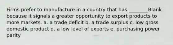 Firms prefer to manufacture in a country that has ________Blank because it signals a greater opportunity to export products to more markets. a. a trade deficit b. a trade surplus c. low gross domestic product d. a low level of exports e. purchasing power parity