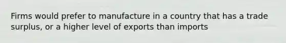 Firms would prefer to manufacture in a country that has a trade surplus, or a higher level of exports than imports