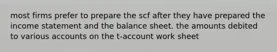 most firms prefer to prepare the scf after they have prepared the income statement and the balance sheet. the amounts debited to various accounts on the t-account work sheet