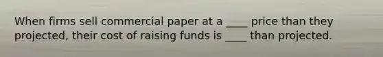 When firms sell commercial paper at a ____ price than they projected, their cost of raising funds is ____ than projected.