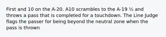 First and 10 on the A-20. A10 scrambles to the A-19 ½ and throws a pass that is completed for a touchdown. The Line Judge flags the passer for being beyond the neutral zone when the pass is thrown