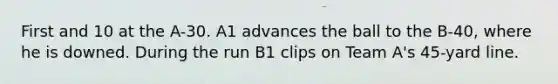 First and 10 at the A-30. A1 advances the ball to the B-40, where he is downed. During the run B1 clips on Team A's 45-yard line.