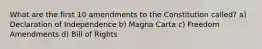 What are the first 10 amendments to the Constitution called? a) Declaration of Independence b) Magna Carta c) Freedom Amendments d) Bill of Rights