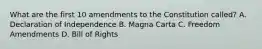 What are the first 10 amendments to the Constitution called? A. Declaration of Independence B. Magna Carta C. Freedom Amendments D. Bill of Rights