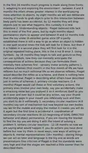 In the first 24 months much progress is made along three fronts: 1. adapting to and exploring the environment - between 4 and 8 months the infant shows greater interest in the world paying more attention to objects, by eight months we will see deliberate moving of hands to grab objects prior to this interaction between body parts has been accidental, by 12 months they will drop objects just to see what happens, this curiosity is a new milestone 2. Understanding objects - Piaget believed kids lack this in most of the first years, but by eight months object permanence starts to appear and between 8 and 12 months kids love the toy under th eblanket game once OP is partly established there is still a way to go as when an object is hidden in one spot several times the kids will look for it there, but then if it is hidden in a second place they will first look for it in the original repeated hiding place, this is the A not B error 3. Using Symbols - by 18 months they begin to talk and gesture so they can use symbols, now they can mentally anticipate the consequences of actions because they can formulate them mentally here schemes first - sensory motor activity patterns 1. reflexive schemes (first month) in the first month of life we have reflexes but no much volitional life so we observe reflexes, Piaget would describe the reflex as a scheme, and there is nothing here that is volitional, Piaget is describing what others have described just in terms of schemas 2. primary circular reactions (1-4 months) Piaget would call these or first voluntary actions, the primary ones involve your own body, say you accidentally make a smacking noise but you enjoyed it so it reinforces itself so you do it over and over but it could be any action, say your thumb accidentally pops in your mouth you refelxively suck and then you start to do it volitionally 3. secondary circular reactions (4-8 months) say sort of mechanism but now beyond our own bodies say we hit the mobile and enjoy the motion it creates you will do it again but the first time is accidental 4. coordination of secondary circular reactions (8-12) beginning of GOAL DIRECTED behavior and object permanence, if you are moving the blanket to find the toy you are doing it with the intent of solving a problem 5. tertiary circular reactions - 12-18 months so now we are saying what would happen if, you do actions you have done before but now try them in novel ways, new ways of acting on objects 6. mental representations (18+ months) - storing things we can act on later and language is the big one as words are presentations One criticism of Piaget is that his standards were very high and that the stages are reached a little sooner than he described them.