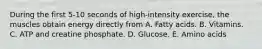 During the first 5-10 seconds of high-intensity exercise, the muscles obtain energy directly from A. Fatty acids. B. Vitamins. C. ATP and creatine phosphate. D. Glucose. E. Amino acids