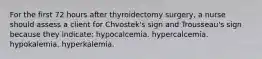 For the first 72 hours after thyroidectomy surgery, a nurse should assess a client for Chvostek's sign and Trousseau's sign because they indicate: hypocalcemia. hypercalcemia. hypokalemia. hyperkalemia.