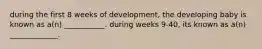 during the first 8 weeks of development, the developing baby is known as a(n) ___________. during weeks 9-40, its known as a(n) _____________.