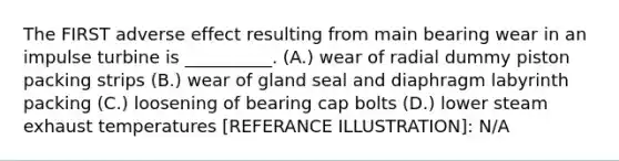 The FIRST adverse effect resulting from main bearing wear in an impulse turbine is __________. (A.) wear of radial dummy piston packing strips (B.) wear of gland seal and diaphragm labyrinth packing (C.) loosening of bearing cap bolts (D.) lower steam exhaust temperatures [REFERANCE ILLUSTRATION]: N/A