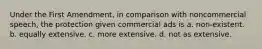 Under the First Amendment, in comparison with noncommercial speech, the protection given commercial ads is a. non-existent. b. equally extensive. c. more extensive. d. not as extensive.