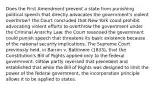 Does the First Amendment prevent a state from punishing political speech that directly advocates the government's violent overthrow? the Court concluded that New York could prohibit advocating violent efforts to overthrow the government under the Criminal Anarchy Law. the Court reasoned the government could punish speech that threatens its basic existence because of the national security implications. The Supreme Court previously held, in Barron v. Baltimore (1833), that the Constitution's Bill of Rights applied only to the federal government. Gitlow partly reversed that precedent and established that while the Bill of Rights was designed to limit the power of the federal government, the incorporation principle allows it to be applied to states.