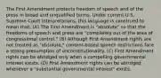 The First Amendment protects freedom of speech and of the press in broad and unqualified terms. Under current U.S. Supreme Court interpretations, this language is construed to mean that: (A) The First Amendment is "absolute" so that the freedoms of speech and press are "completely out of the area of congressional control." (B) Although First Amendment rights are not treated as "absolute," content-based speech restrictions face a strong presumption of unconstitutionality. (C) First Amendment rights can be abridged only when a compelling governmental interest exists. (D) First Amendment rights can be abridged whenever a "substantial governmental interest" exists.