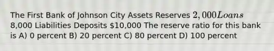 The First Bank of Johnson City Assets Reserves 2,000 Loans8,000 Liabilities Deposits 10,000 The reserve ratio for this bank is A) 0 percent B) 20 percent C) 80 percent D) 100 percent