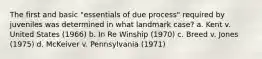 The first and basic "essentials of due process" required by juveniles was determined in what landmark case? a. Kent v. United States (1966) b. In Re Winship (1970) c. Breed v. Jones (1975) d. McKeiver v. Pennsylvania (1971)