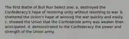 The First Battle of Bull Run Select one: a. destroyed the Confederacy's hope of restoring unity without resorting to war. b. shattered the Union's hope of winning the war quickly and easily. c. showed the Union that the Confederate army was weaker than anticipated. d. demonstrated to the Confederacy the power and strength of the Union army.