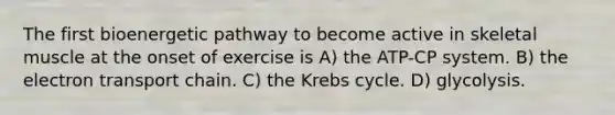 The first bioenergetic pathway to become active in skeletal muscle at the onset of exercise is A) the ATP-CP system. B) <a href='https://www.questionai.com/knowledge/k57oGBr0HP-the-electron-transport-chain' class='anchor-knowledge'>the electron transport chain</a>. C) the <a href='https://www.questionai.com/knowledge/kqfW58SNl2-krebs-cycle' class='anchor-knowledge'>krebs cycle</a>. D) glycolysis.