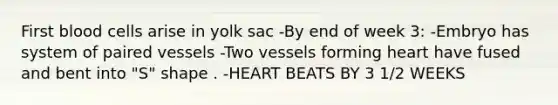 First blood cells arise in yolk sac -By end of week 3: -Embryo has system of paired vessels -Two vessels forming heart have fused and bent into "S" shape . -HEART BEATS BY 3 1/2 WEEKS