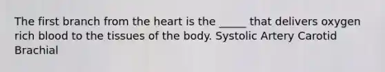 The first branch from the heart is the _____ that delivers oxygen rich blood to the tissues of the body. Systolic Artery Carotid Brachial